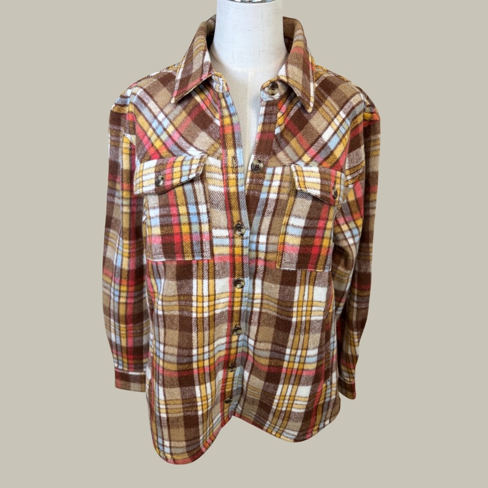 Natural Reflections Egret Plaid Flannel Shacket Brown Multi M 652NRF242171W